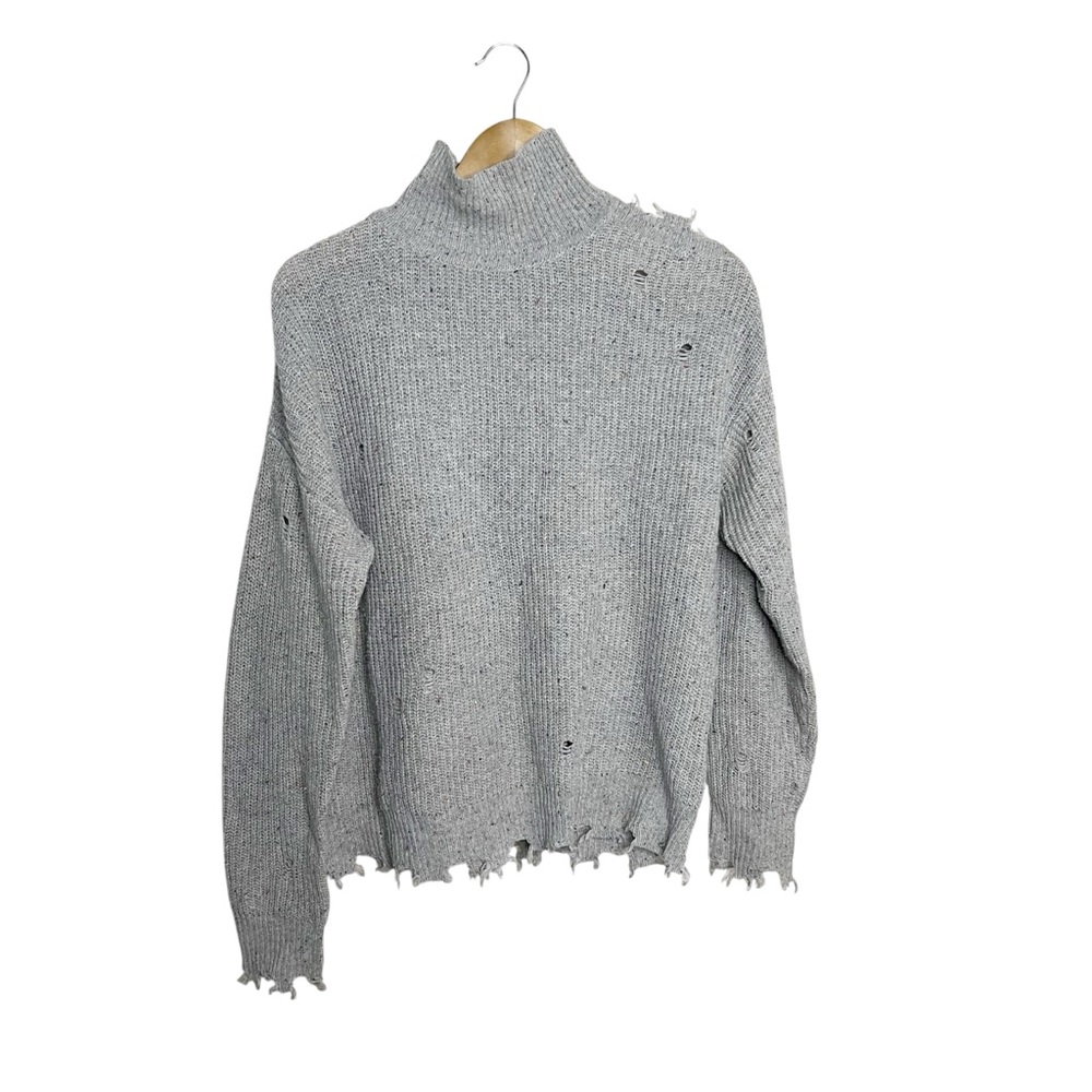 Zenana Gray Distressed Turtleneck Sweater XS Funfetti Speckled Cutout Cable Knit